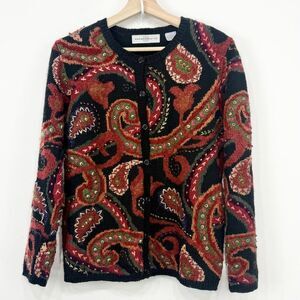 Marisa Christina Black Red Orange Embroidered Paisley Linen Knit Vintage Sweater
